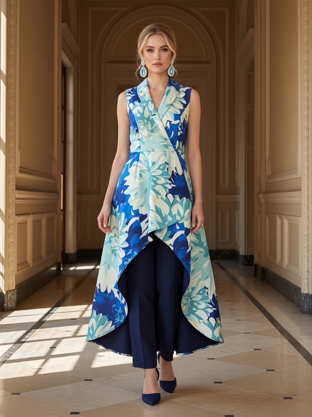 Kay Unger Blue & Aqua Floral High-Low Jumpsuit